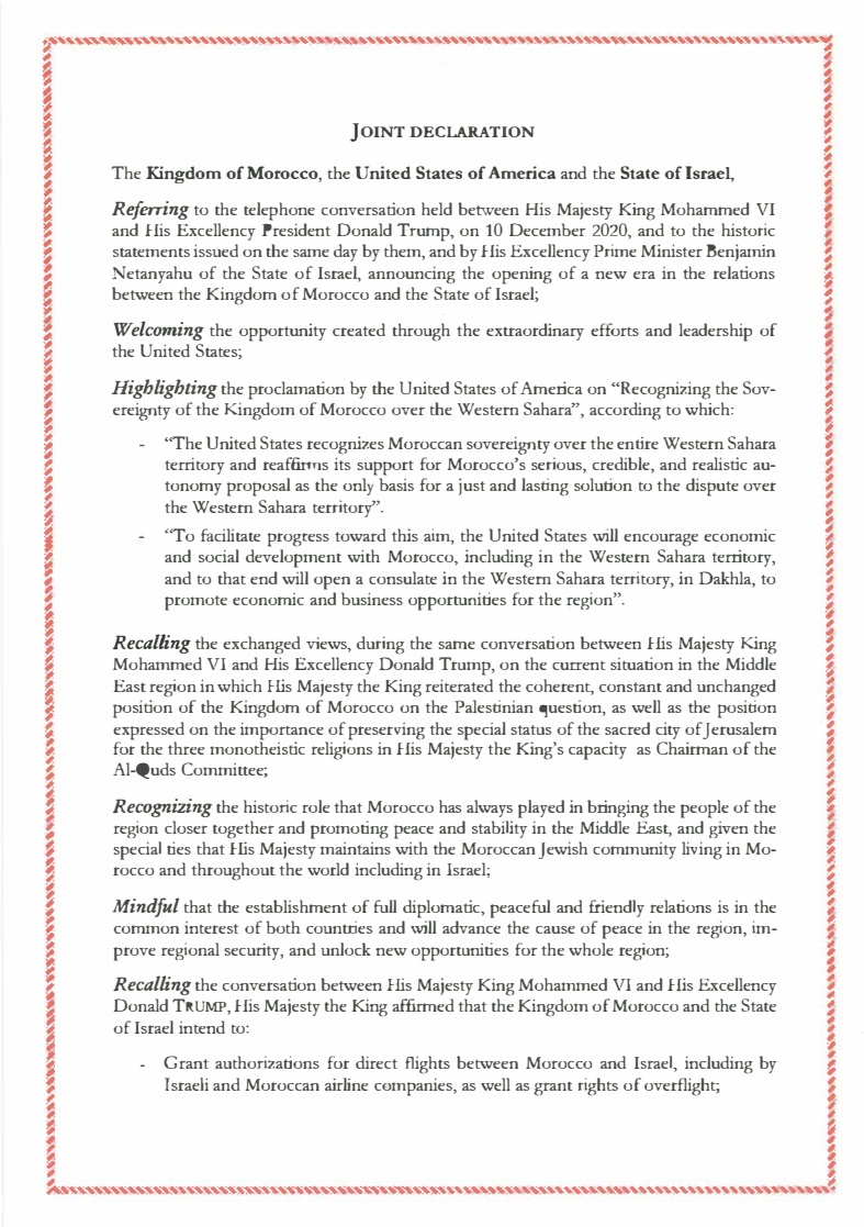 joint declaration US Trump Israel Morocco on Western Sahara